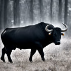 Black ornate bull with golden horns in elegant hall