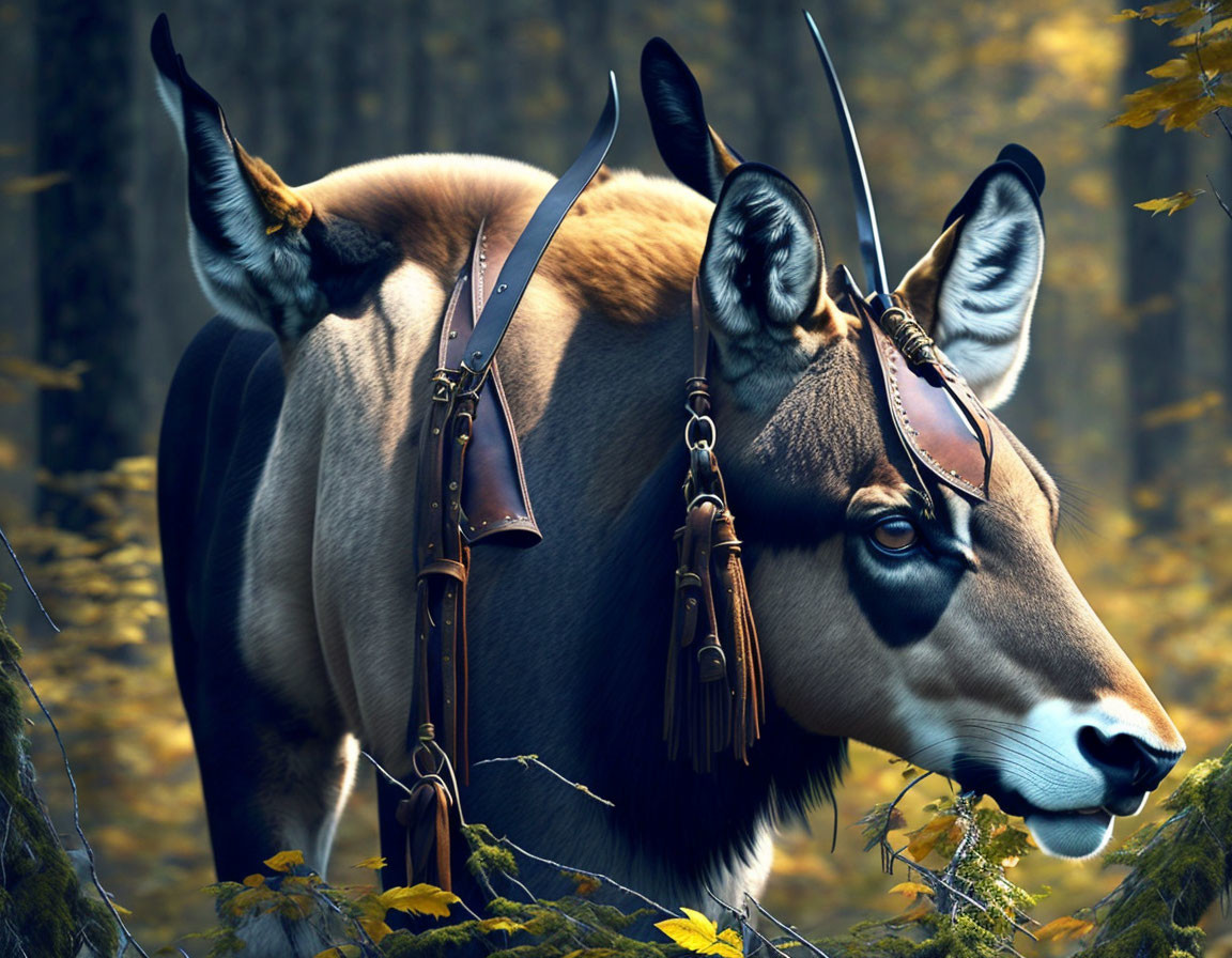 Intricate harnesses and tassels on antelope in mystical forest setting