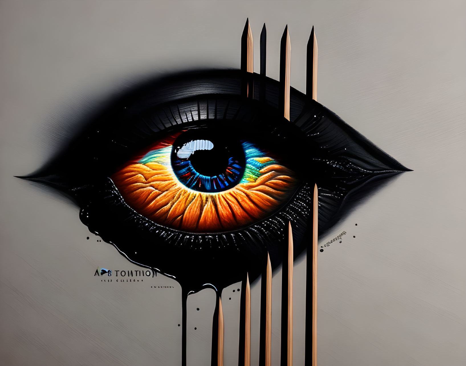 Hyperrealistic Human Eye Painting with Vibrant Colors and Dripping Black Paint