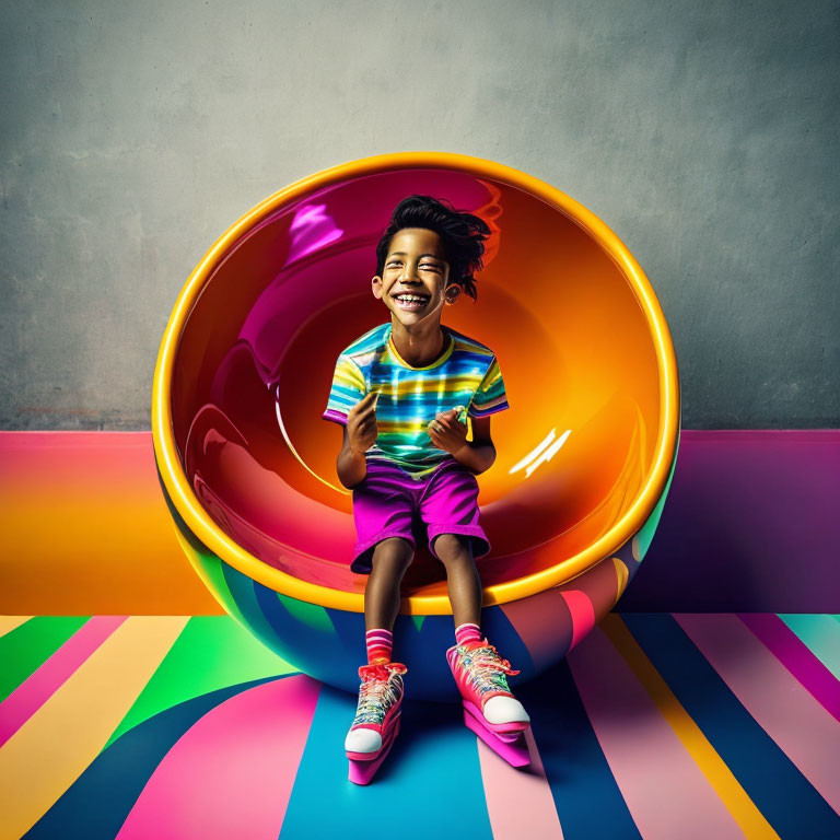 Colorful Circular Chair: Child in Striped Shirt and Bright Sneakers Smiling