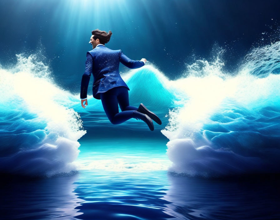 Person in Blue Suit Floating Above Turbulent Ocean Waves