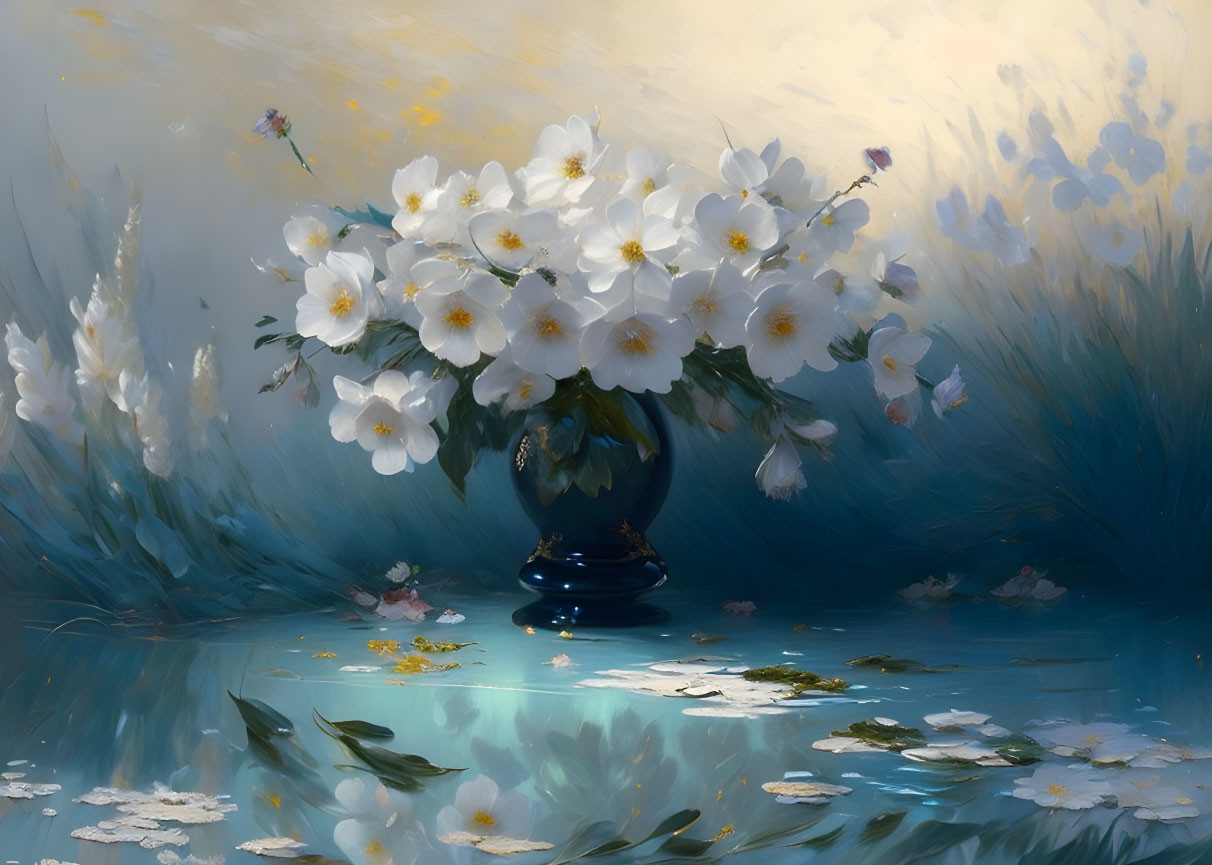 White Flowers in Blue Vase Painting with Reflective Surface