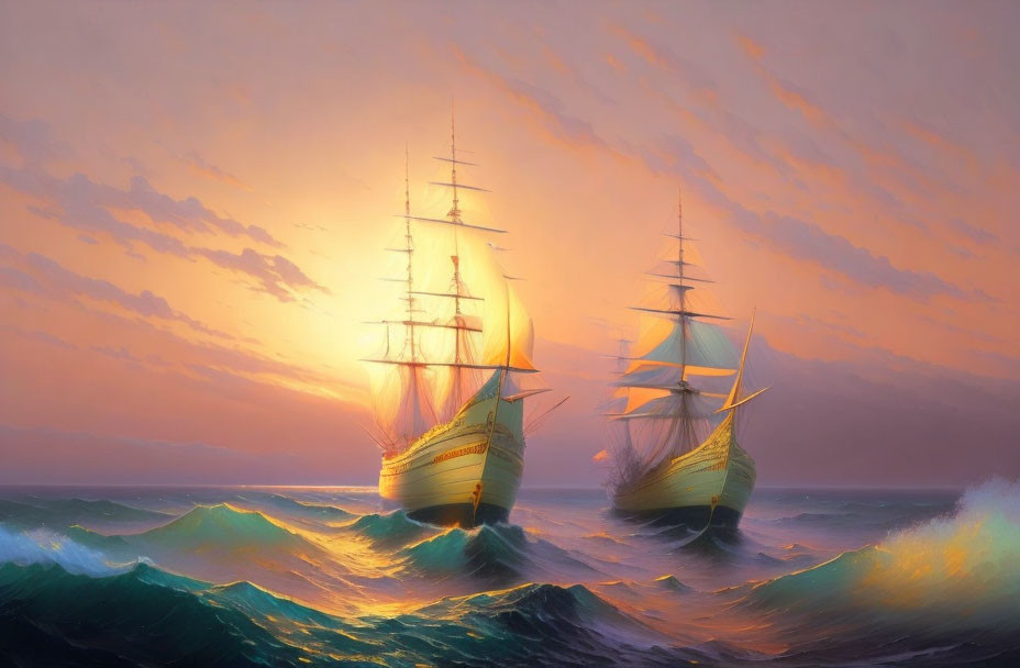 Majestic sailing ships on rolling ocean waves at sunset