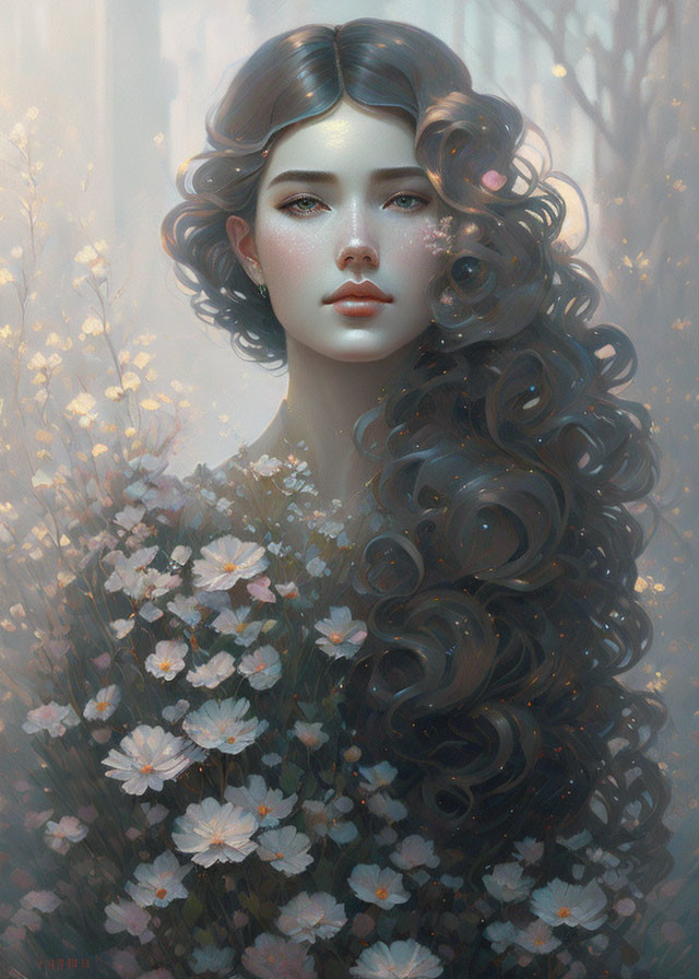 Woman with Voluminous Curly Hair Surrounded by Ethereal Flowers