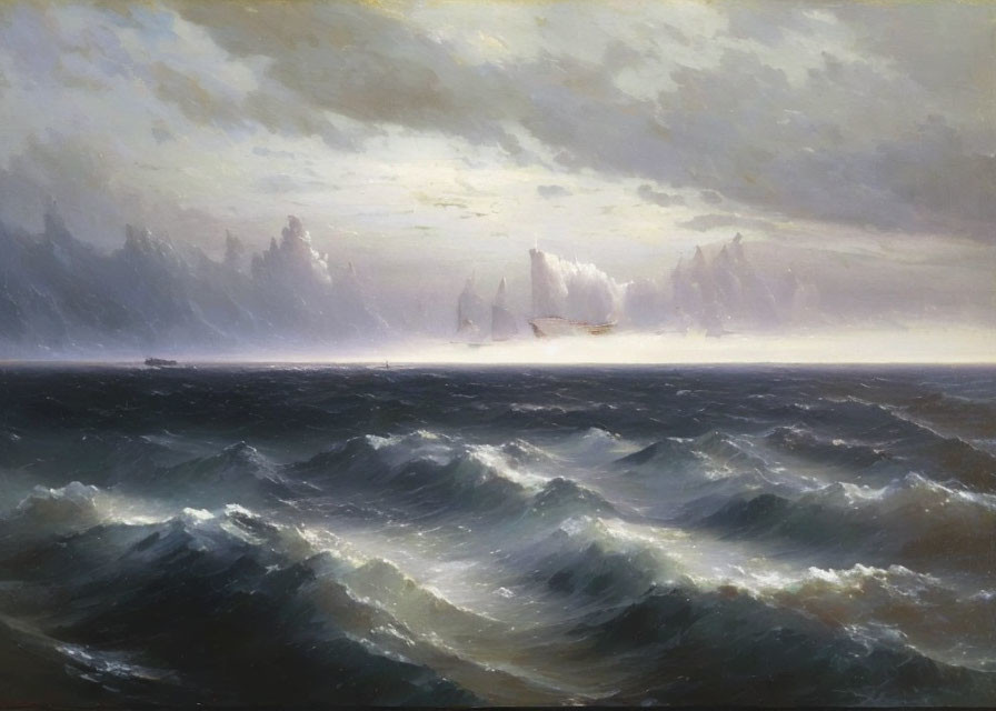 Stormy Sea Painting with Ships and Tree Line Horizon