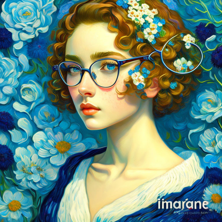 Portrait of Woman with Curly Hair and Blue Glasses Among Blue Flowers