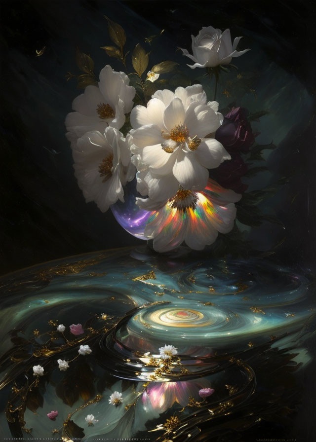 Luminous white blossoms above swirling dark water