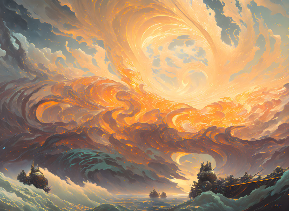 Surreal landscape with swirling orange clouds above tranquil islands