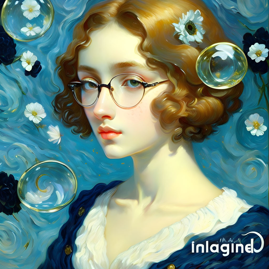 Stylized painting of a woman with glasses amid flowers and bubbles on blue.