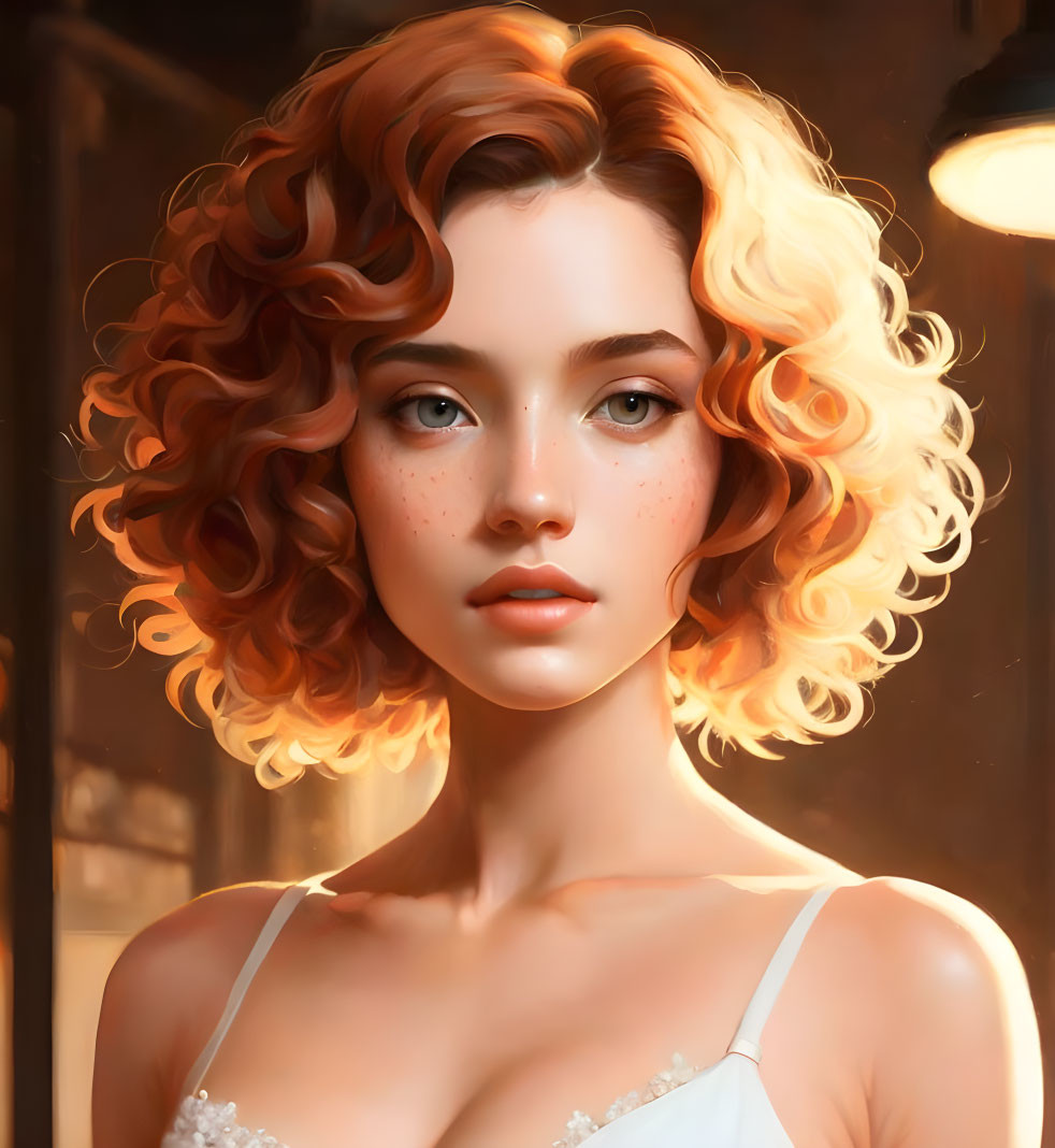 Digital portrait: Young woman with curly blonde hair and thoughtful expression