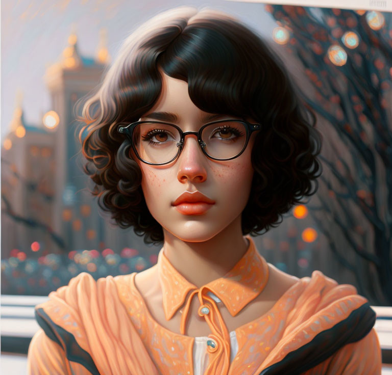 Young woman with short curly hair and glasses in yellow-orange shirt, digital artwork with city lights.