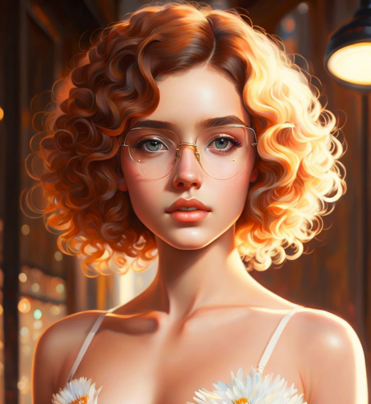 Blonde Curly-Haired Woman with Daisy Embellishments in Digital Art