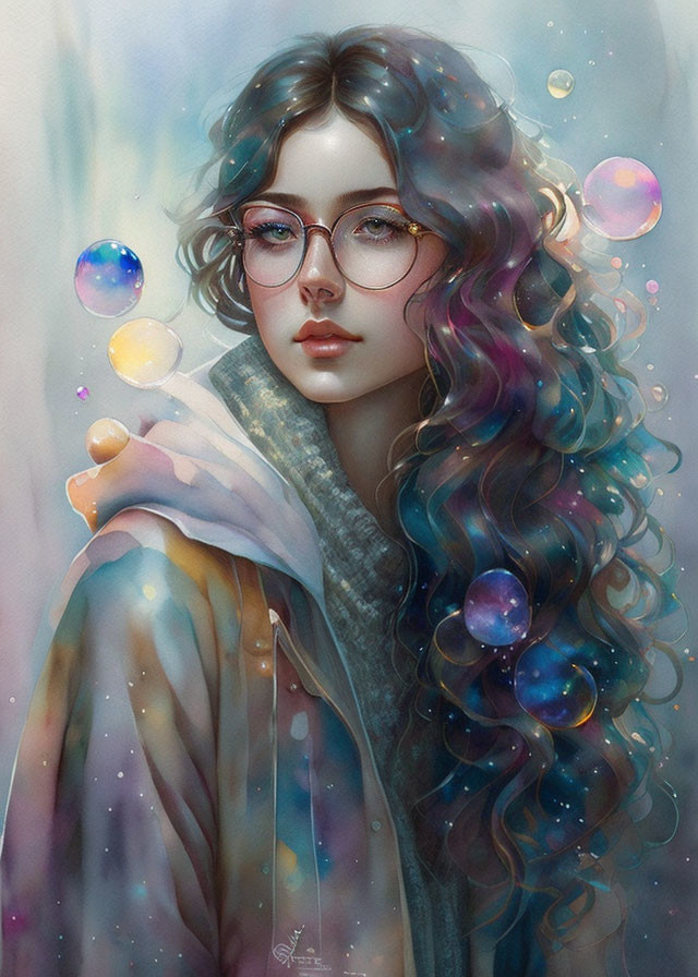 Portrait of woman with curly hair and glasses surrounded by colorful bubbles.