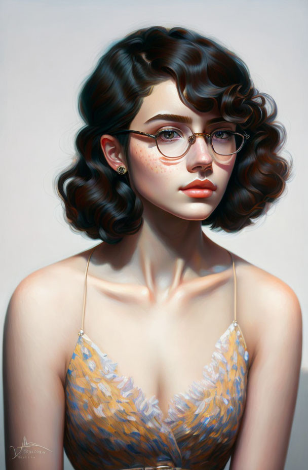 Portrait of woman with curly brown hair, glasses, freckles, and yellow feathered dress