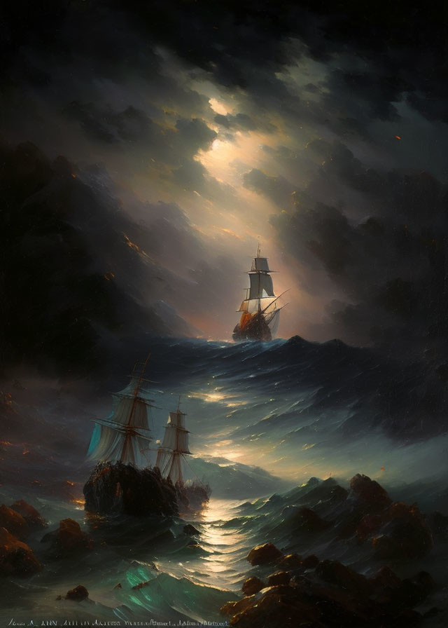 Sailing ships under stormy sky with moonlight on rocky seas