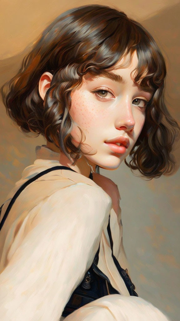 Digital portrait of young woman with wavy hair and freckles on warm beige backdrop