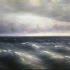 Stormy Sea Painting with Ships and Tree Line Horizon