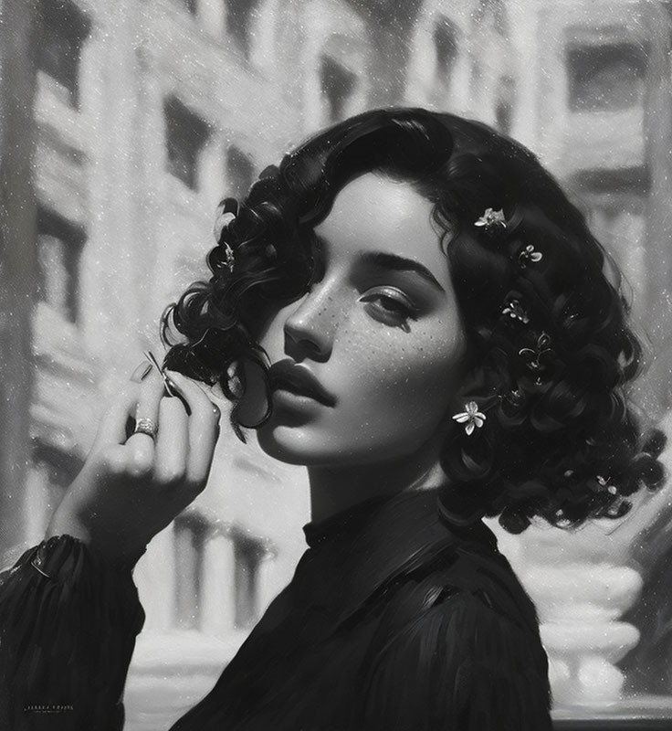 Black and white portrait of woman with curly hair and flowers, chin resting, cityscape backdrop