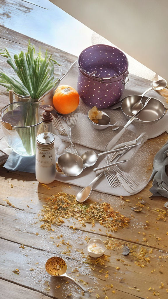 Sophisticated table setting with purple bowl, silverware, wine glass, granola, candles,