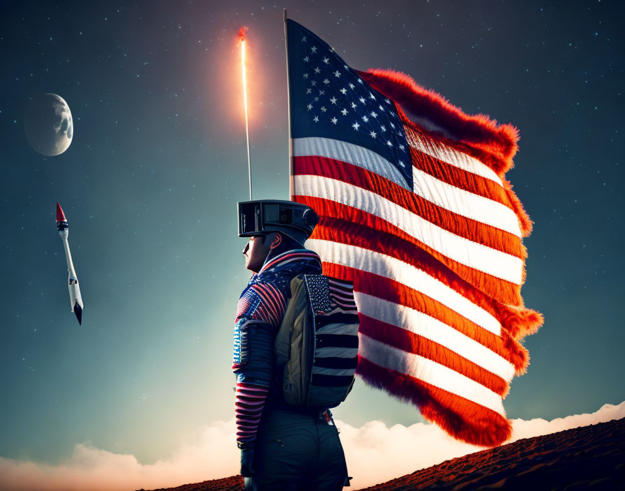 Astronaut with American flag watching rocket launch on moonlit space terrain