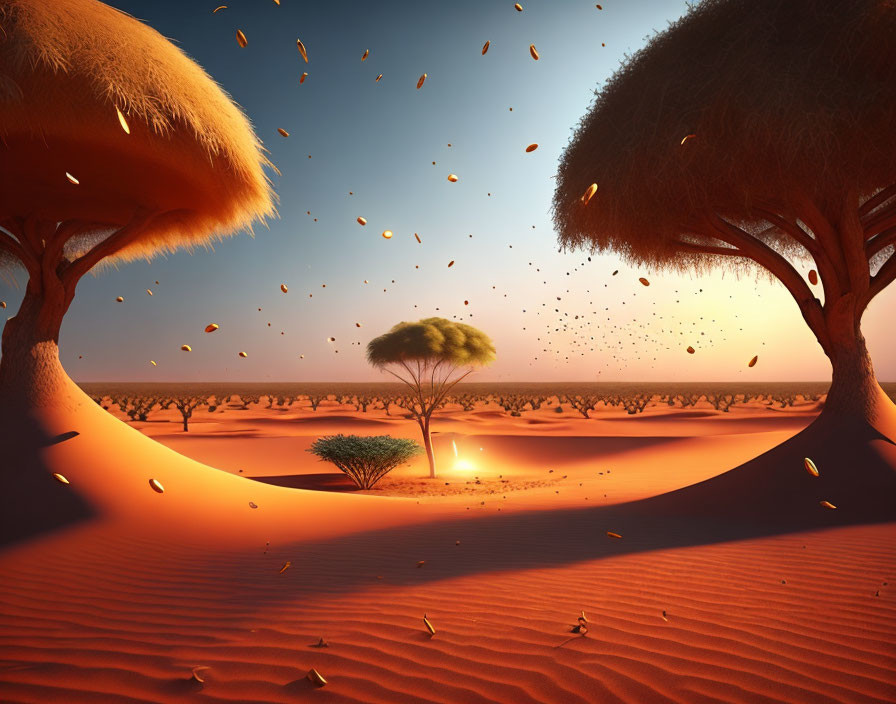 Surreal desert landscape at twilight with baobab trees, orange dunes, and floating leaves