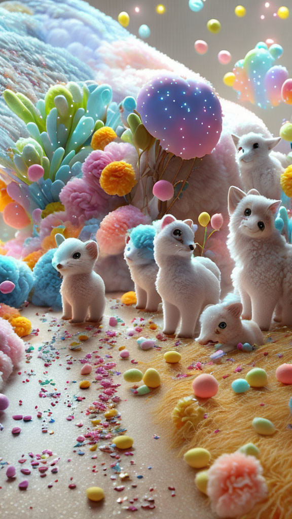 Colorful Fantasy Landscape with Plush Foxes and Vibrant Plants