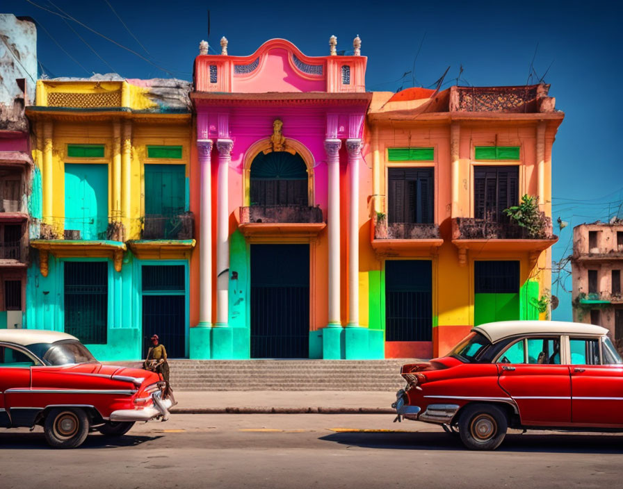 Vibrant historic buildings, vintage car, bicycle rider under clear sky