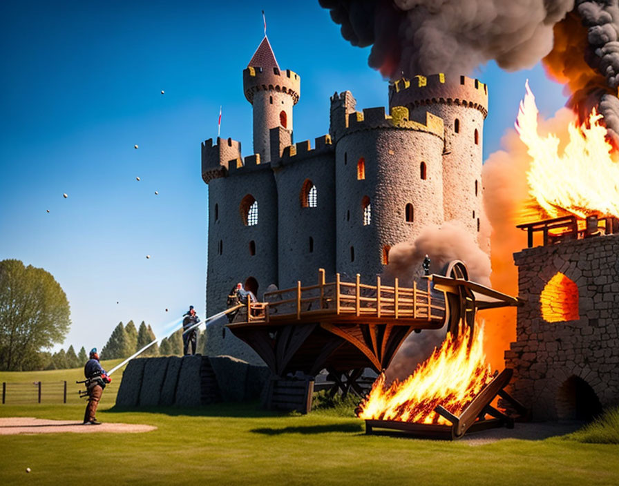 Medieval battle scene: Knight besieges burning castle with catapult.