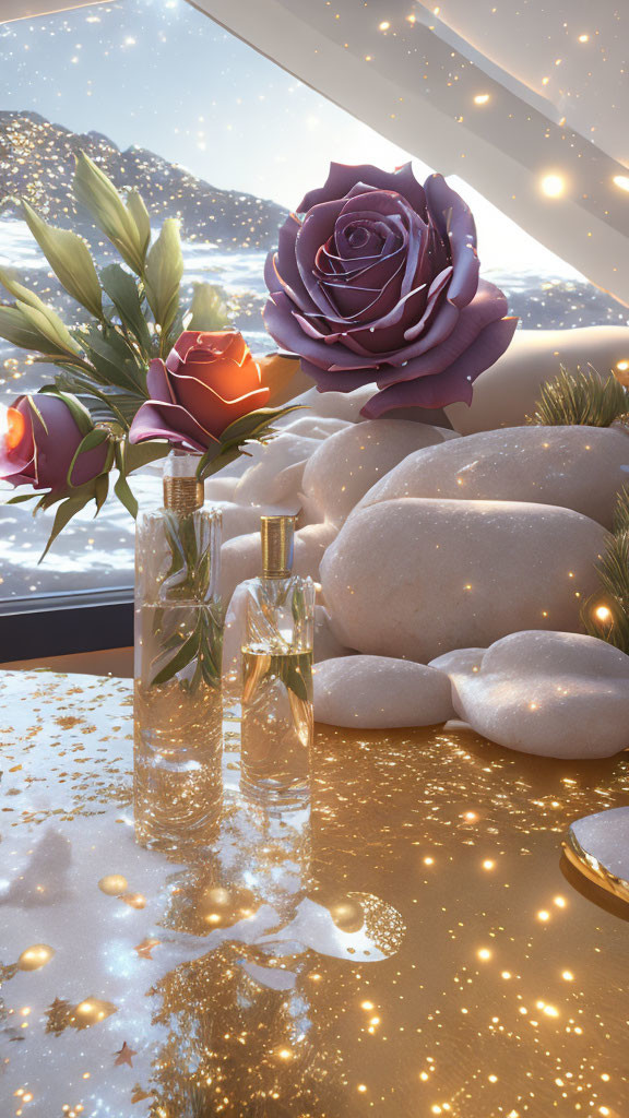 Tranquil purple rose with smaller roses, stones, vases, and warm lights near snowy window