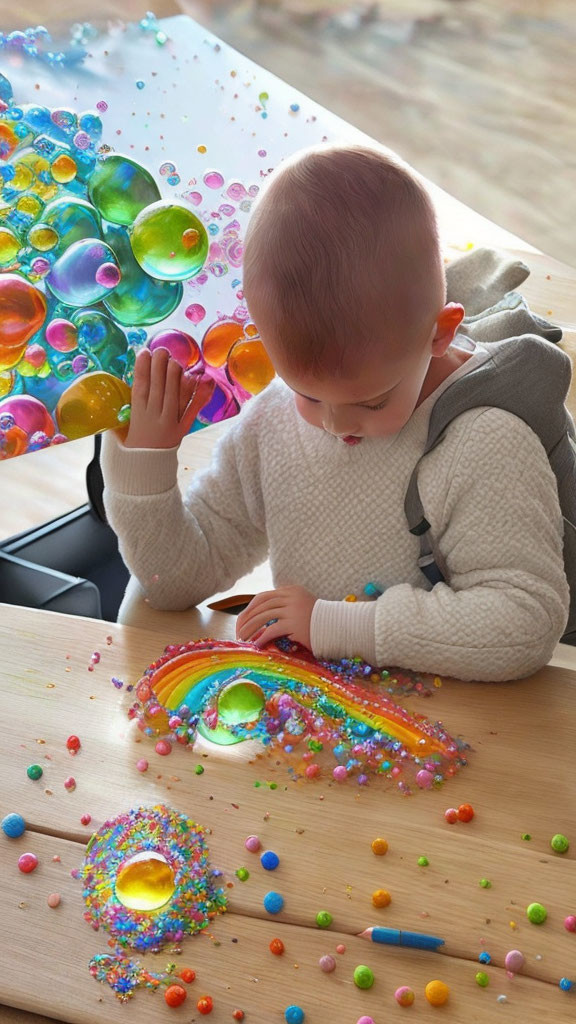 Toddler coloring rainbow with crayon at wooden table