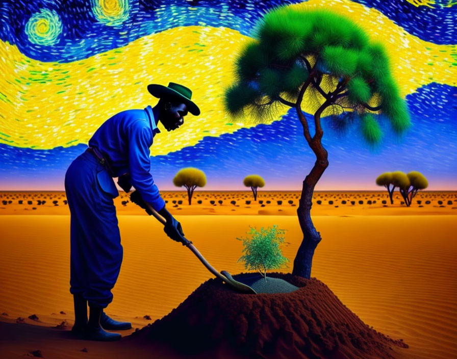 Person in Blue Attire Digging Near Small Tree in Desert Landscape