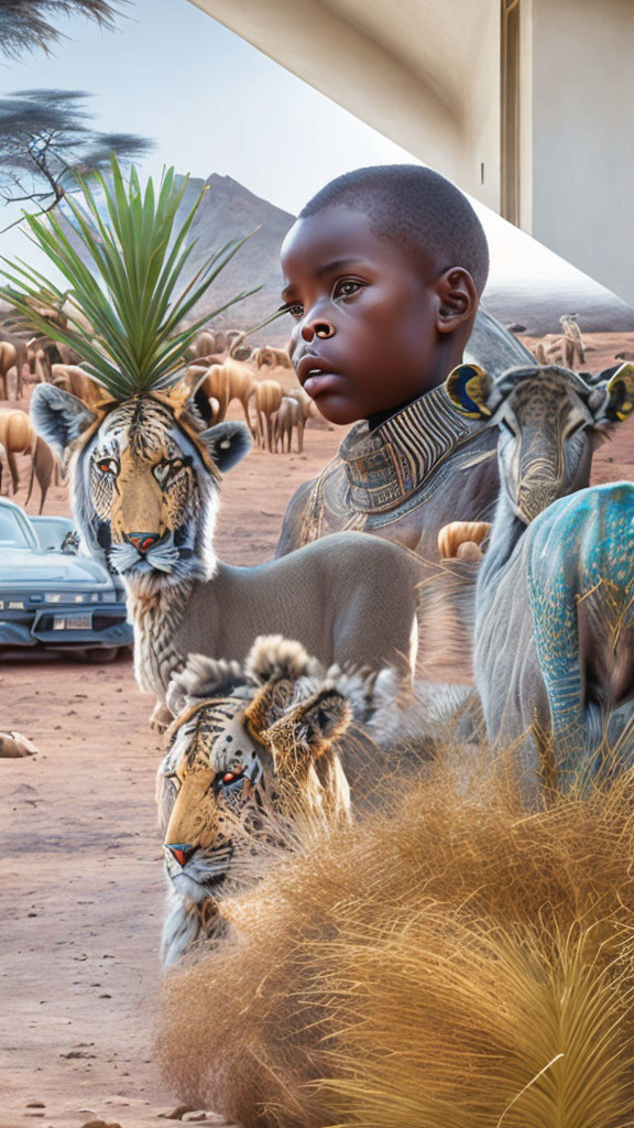 Surreal image: Child's face merges with wildlife and desert scenery