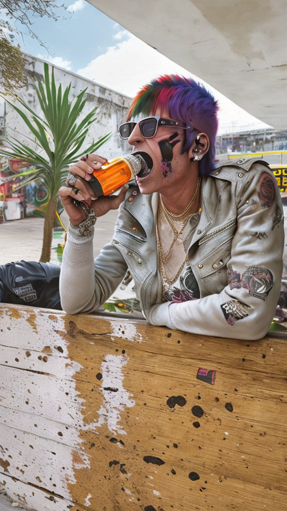 Colorful Hair Person Drinking on Bench with Tattoos in Public Plaza