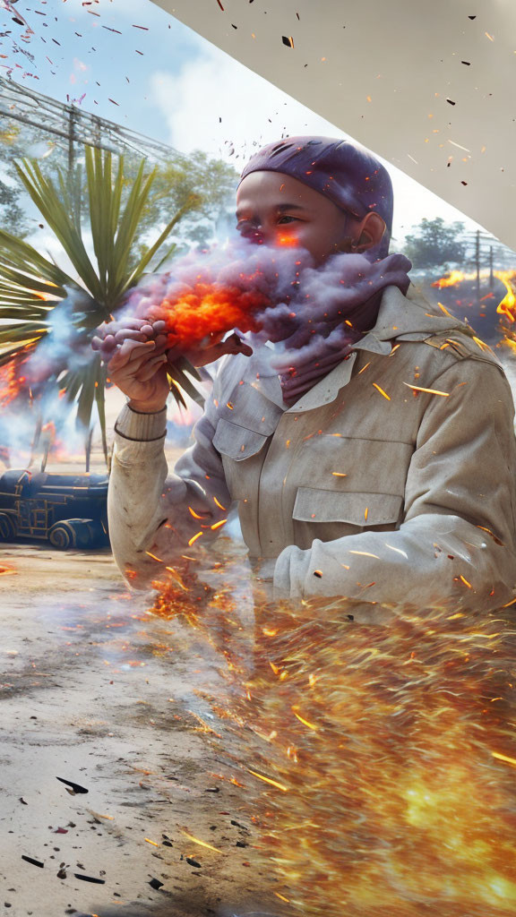 Person in Jacket and Headwrap Breathing Fire Surrounded by Sparks and Smoke