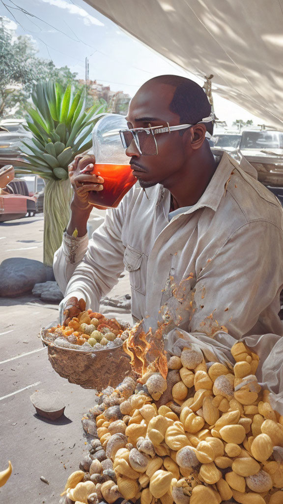 Man in sunglasses inflates ball with smoke while holding snacks and drink.