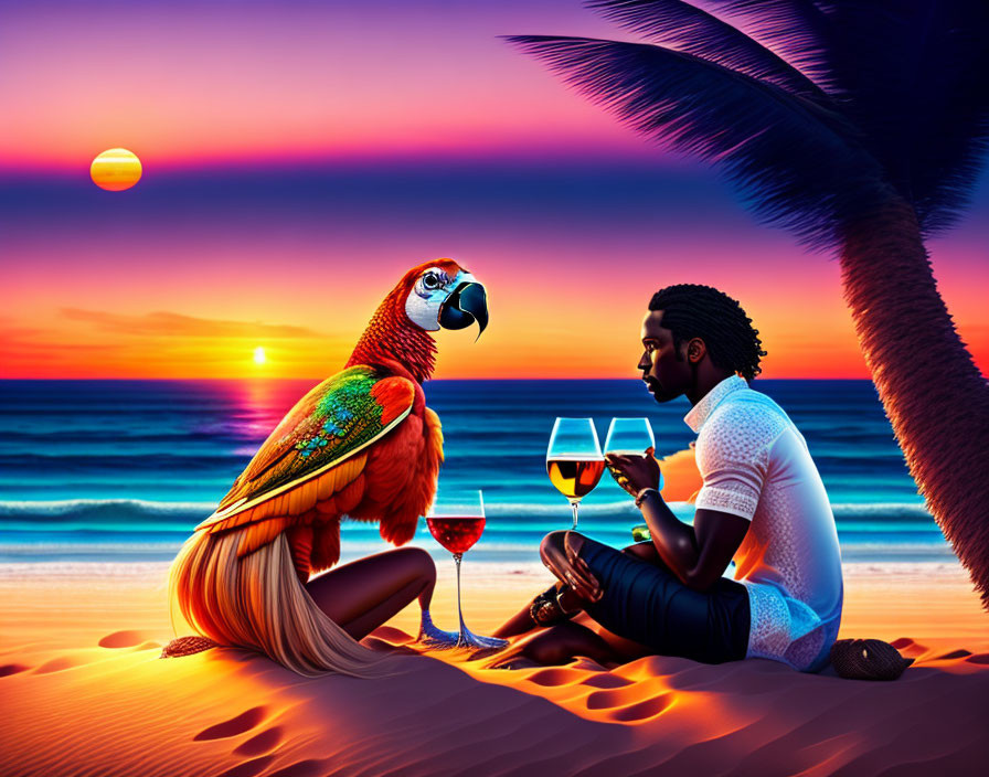 Couple with Parrot on Beach at Sunset with Wine