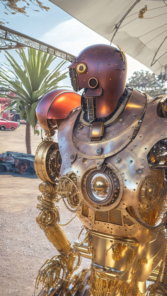 Steampunk-style robot with brass and copper components among palm trees