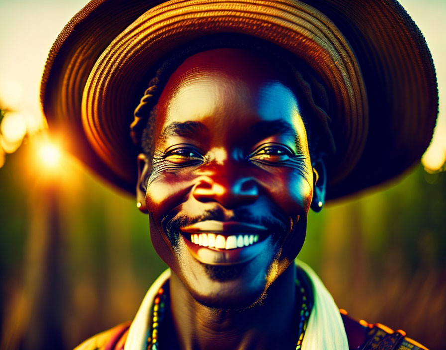 Smiling man in wide-brimmed hat and colorful beads in sunny landscape