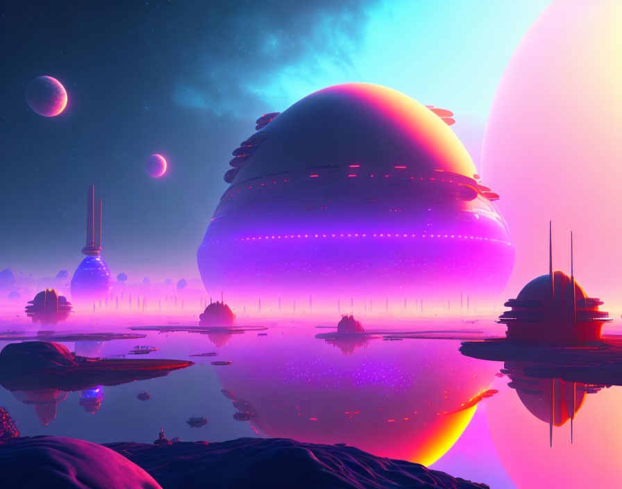 Alien landscape with towering structures and large planets in the sky