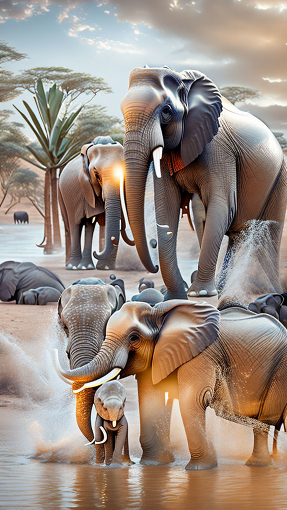 Elephants Family Enjoying Water in Serene Savannah