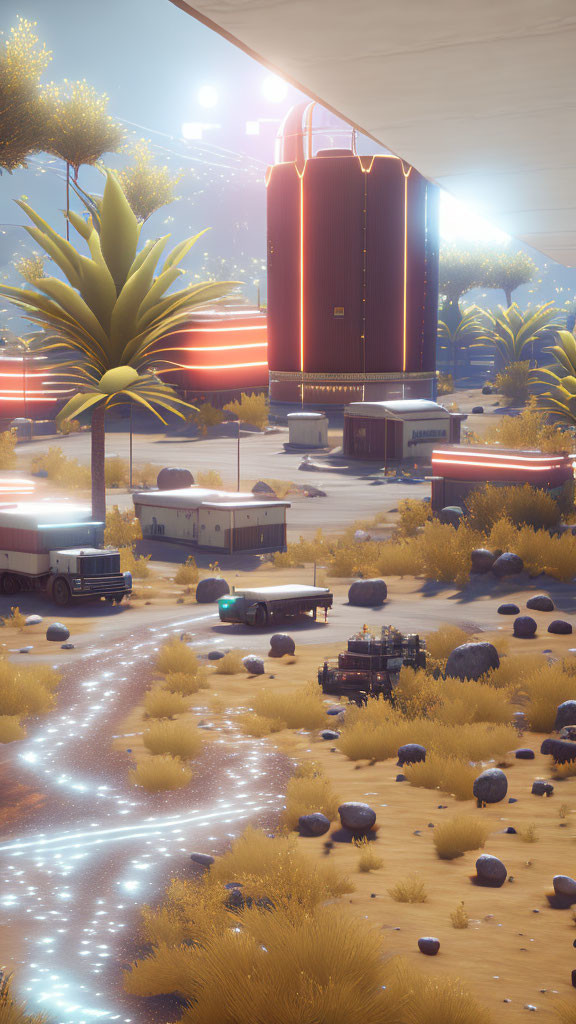 Futuristic desert landscape with bioluminescent pathway, silo-like structures, trucks, alien