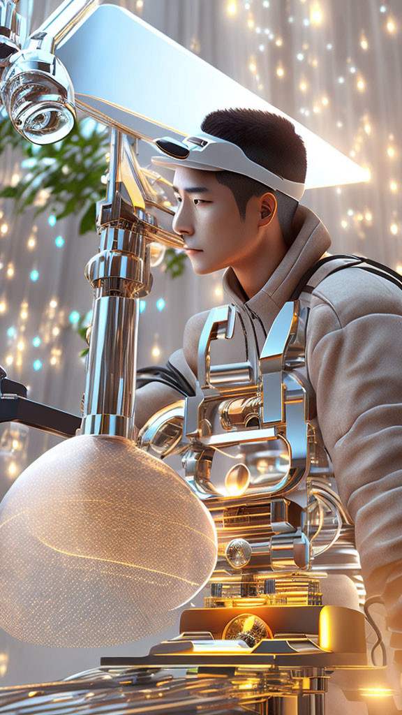 Man in Visor Cap Examining Glowing Sphere with Decorative Lights