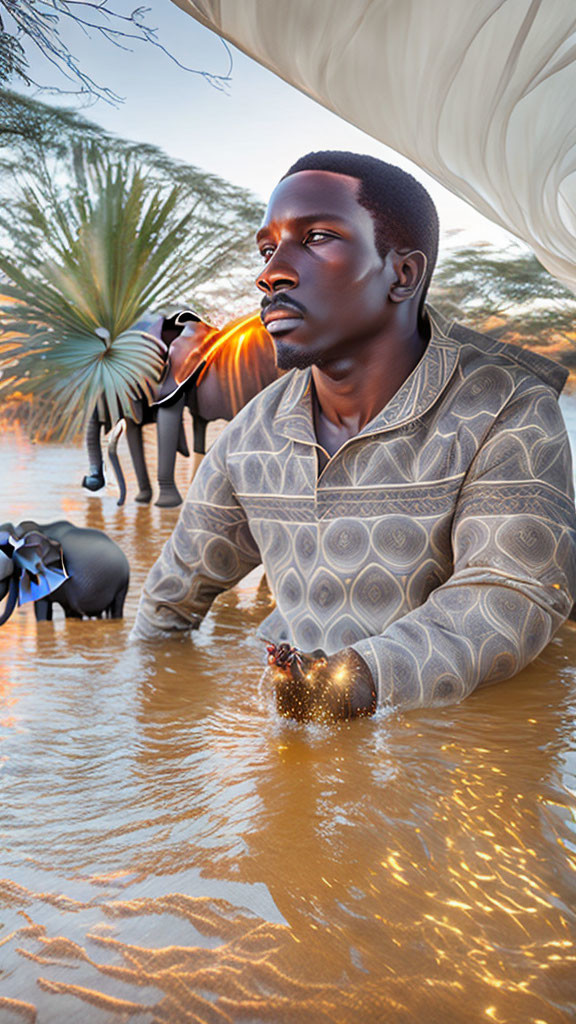 Man standing in water at sunset with silhouettes of people and camels.