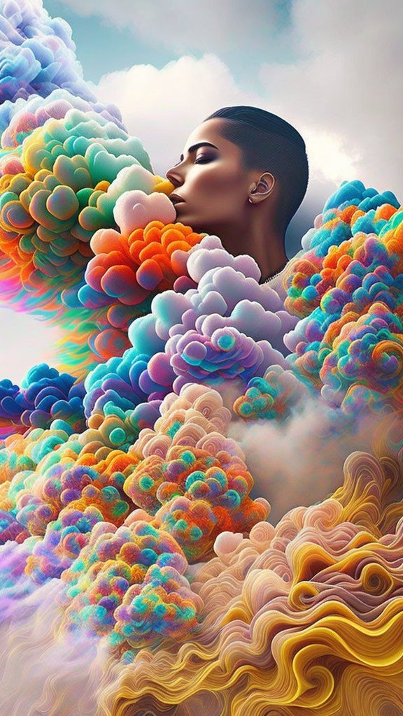 Vibrant profile view with clouds and waves in surreal colors