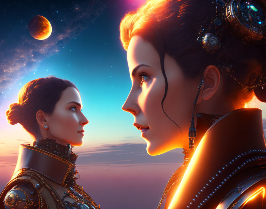 Female android digital artwork with intricate mechanical details on sunset sky backdrop