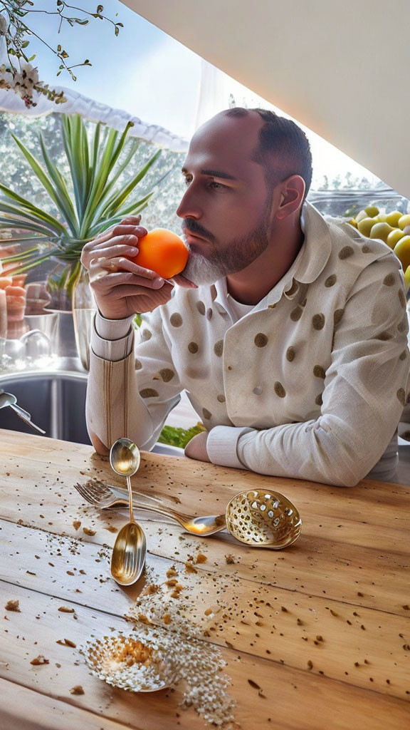 Man Contemplating at Wooden Table with Tomato and Utensils