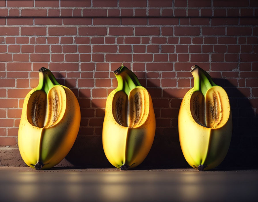 Bananas with Kiwi Centers Against Brick Wall Display