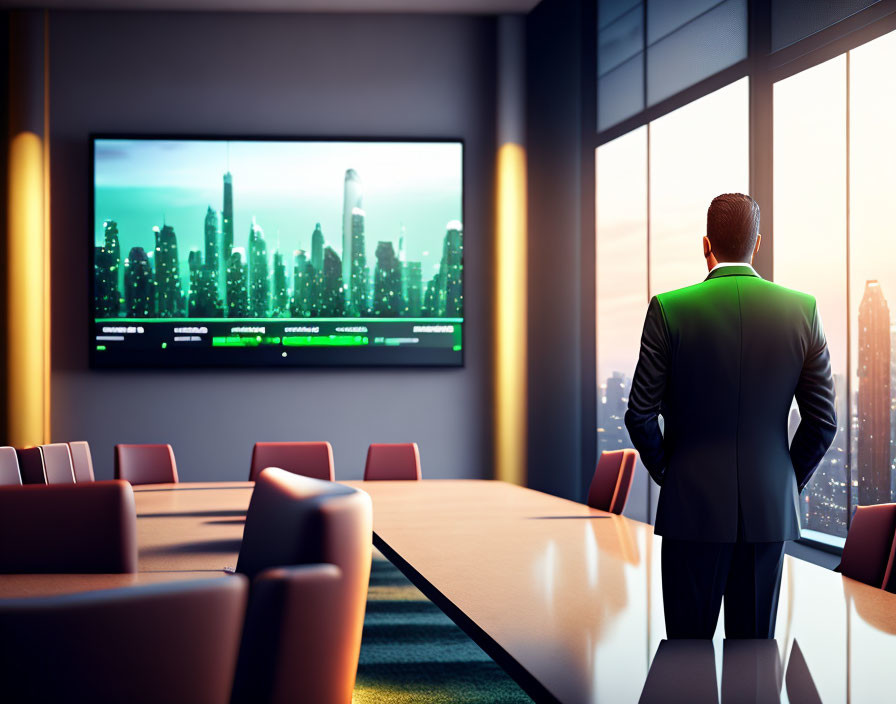 Businessman in suit viewing cityscape on screen in conference room