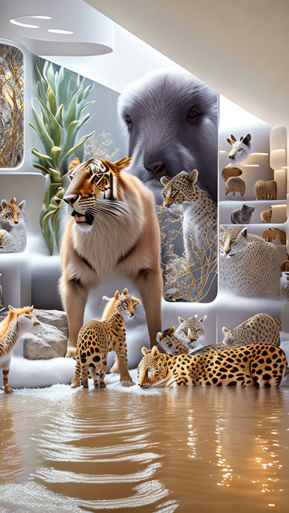 Surreal image of animal hybrids in dreamy interior space