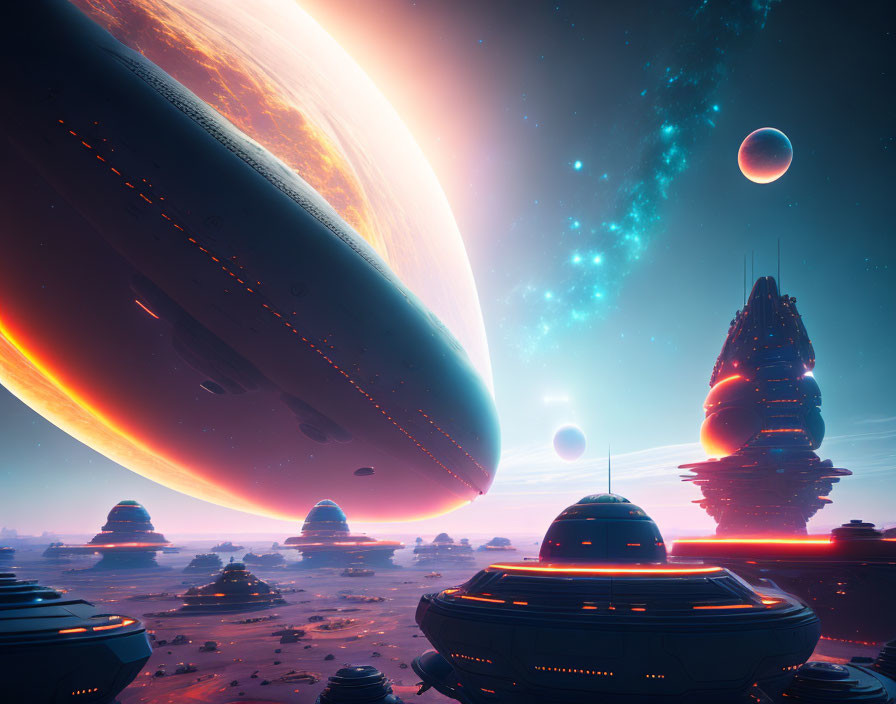 Futuristic sci-fi landscape with colorful sky and planets